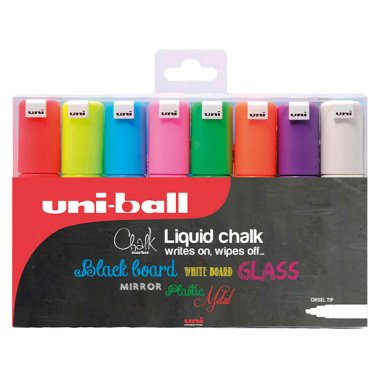 Rotulador de Tiza Líquida Uni Chalk Punta Biselada 8 mm. Colores Suriídos Blíster /8 ud.