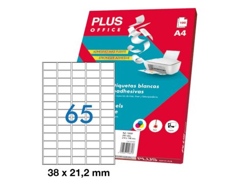 Etiquetas Autoadhesivas Plus Office 38 x 21,2 mm Cantos Rectos 65 x hoja Caja 100 Hojas