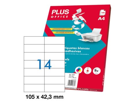 Etiquetas Autoadhesivas Plus Office 105 x 42,3 mm Cantos Rectos 14 x hoja Caja 100 Hojas