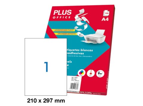 Etiquetas Autoadhesivas Plus Office 210 x 297 mm Cantos Rectos 1 x hoja Caja 100 Hojas
