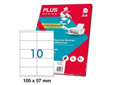Etiquetas Autoadhesivas Plus Office 105 x 57 mm Cantos Rectos 10 x hoja Caja 100 Hojas