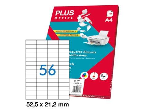 Etiquetas Autoadhesivas Plus Office 52,5 x 21,2 mm Cantos Rectos 56 x hoja Caja 100 Hojas