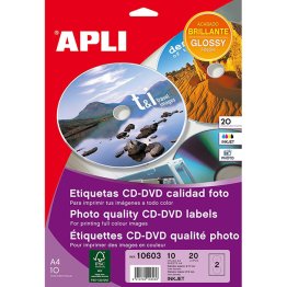 Etiquetas Mega CD-DVD Inkjet Glossy Adhesivo permanente Bolsa de 10 hojas A4 (20 etiq.)